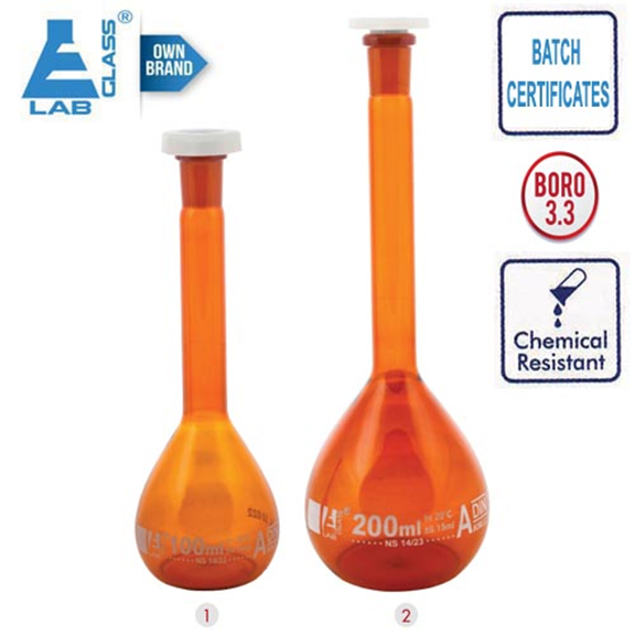 Volumetric Flasks with Stopper Amber Class-A Borosilicate Glass Chemical Resistant